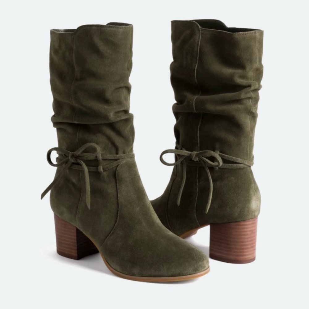 Violet & Red Janine Boho Mid Calf Suede Leather Boot, Olive / Sage Green, Sz 10